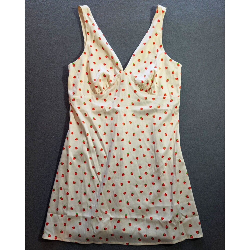 ROW•A Satin Strawberry Print V-Neck Spaghetti Strap Mini Dress L White Red